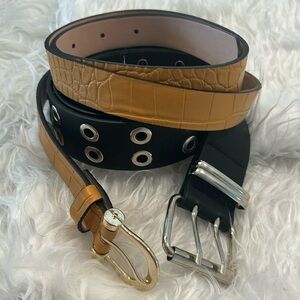 Bundle of 2 Fashion Belts  Textured Mustard Color & Black Grommet faux Leather
